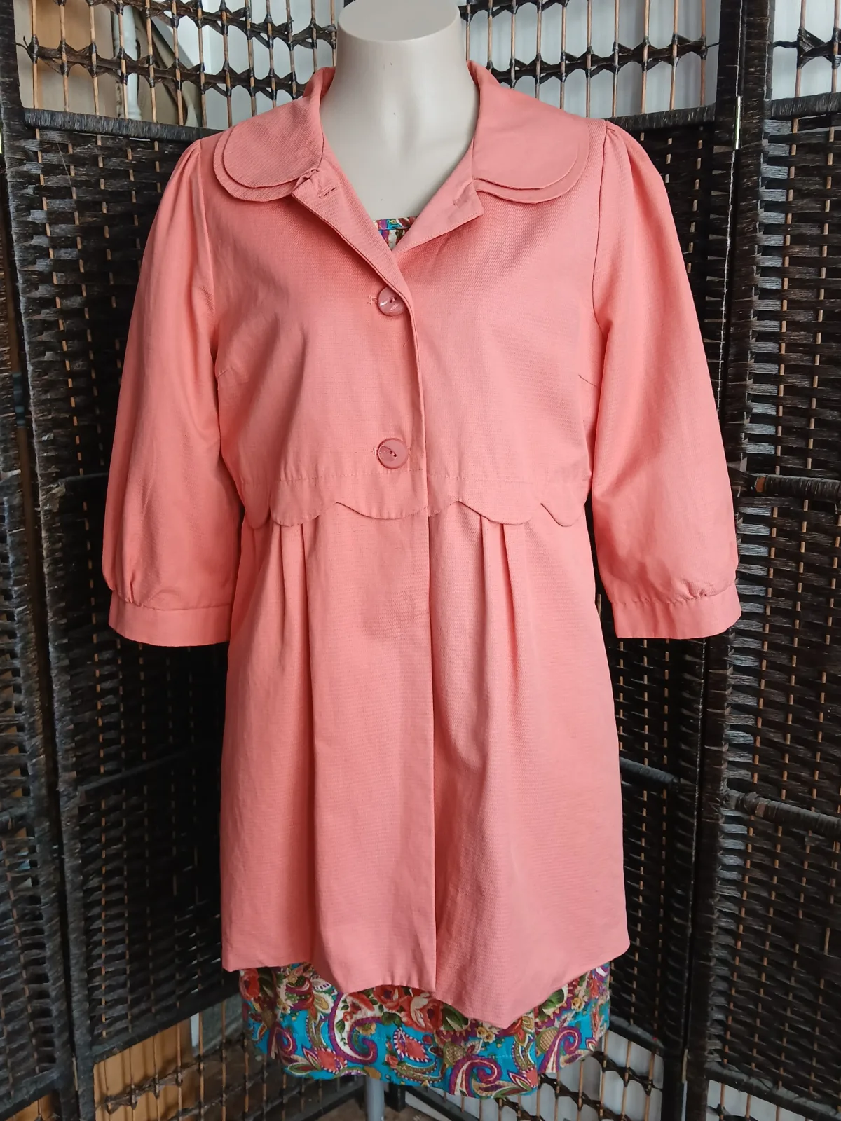 Coral Textured Coat Jacket Puff Sleeve Scallop Detail A/Wear Size M