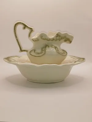 Arnells Jug and Bowl Set Cream Green Ceramic Wash Set 1970s