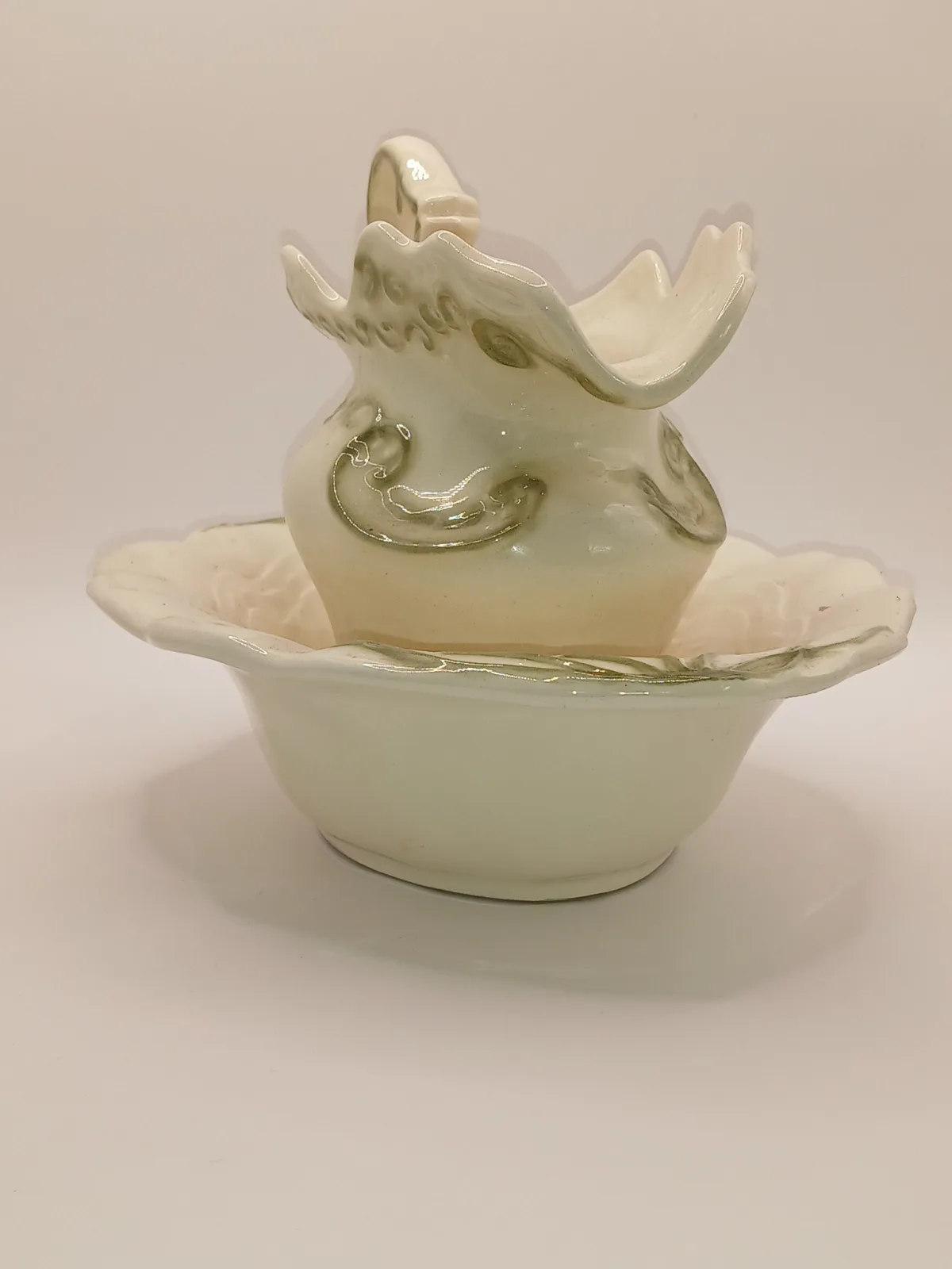 Arnells Jug and Bowl Set Cream Green Ceramic Wash Set 1970s