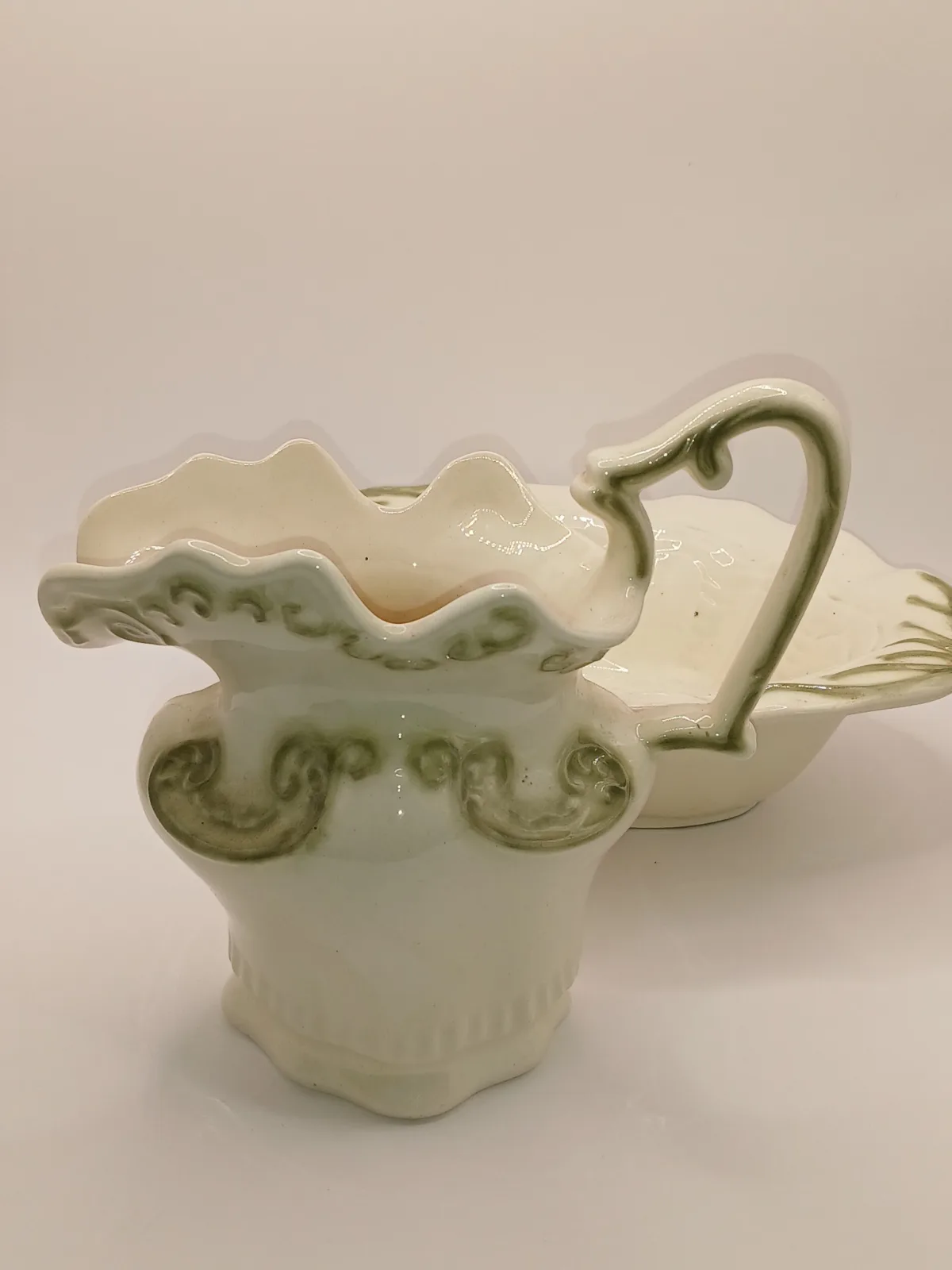 Arnells Jug and Bowl Set Cream Green Ceramic Wash Set 1970s