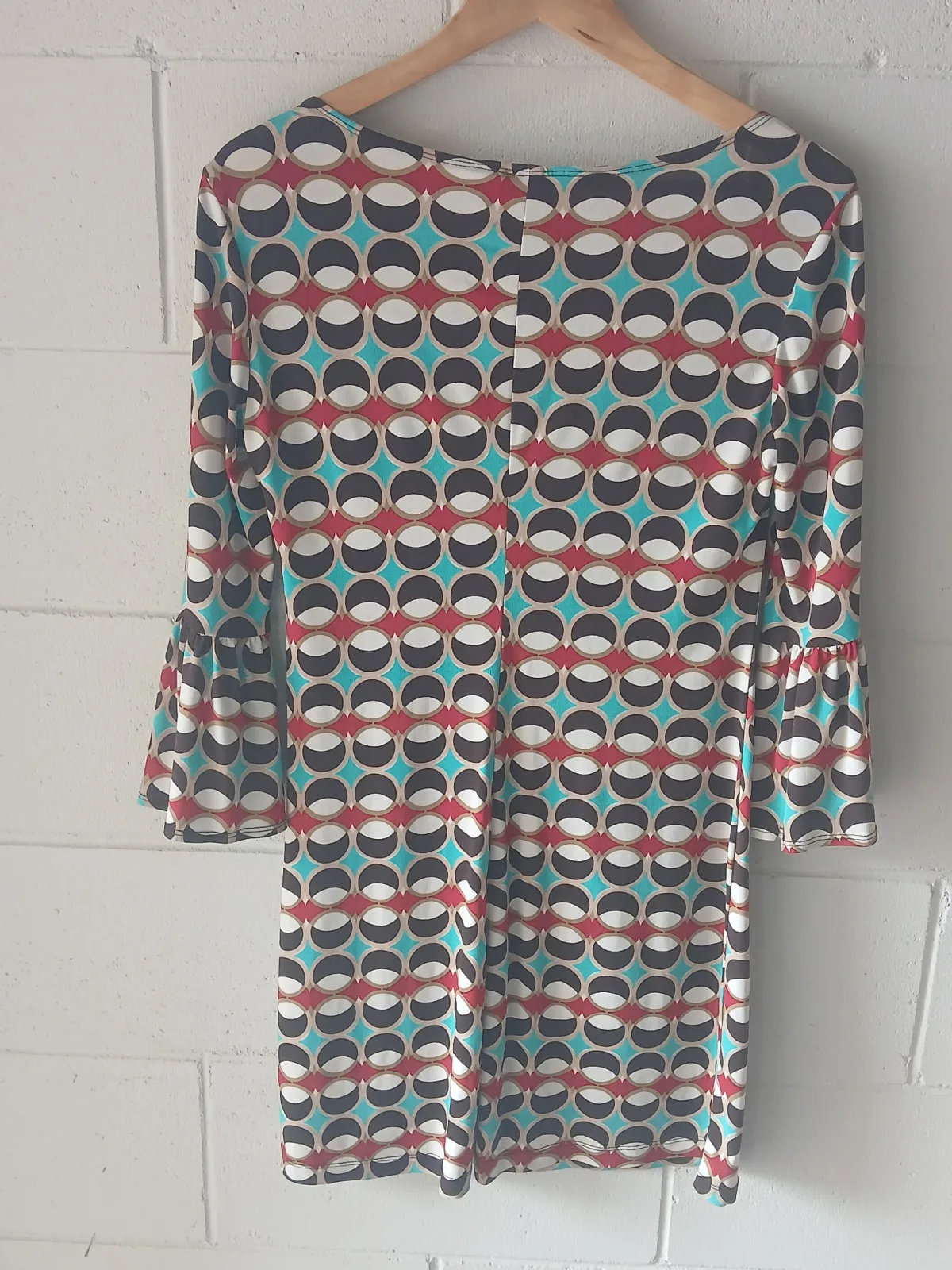 Speachless Geometric Print Dress Size M Y2K Retro Ruffle Sleeve Stretch