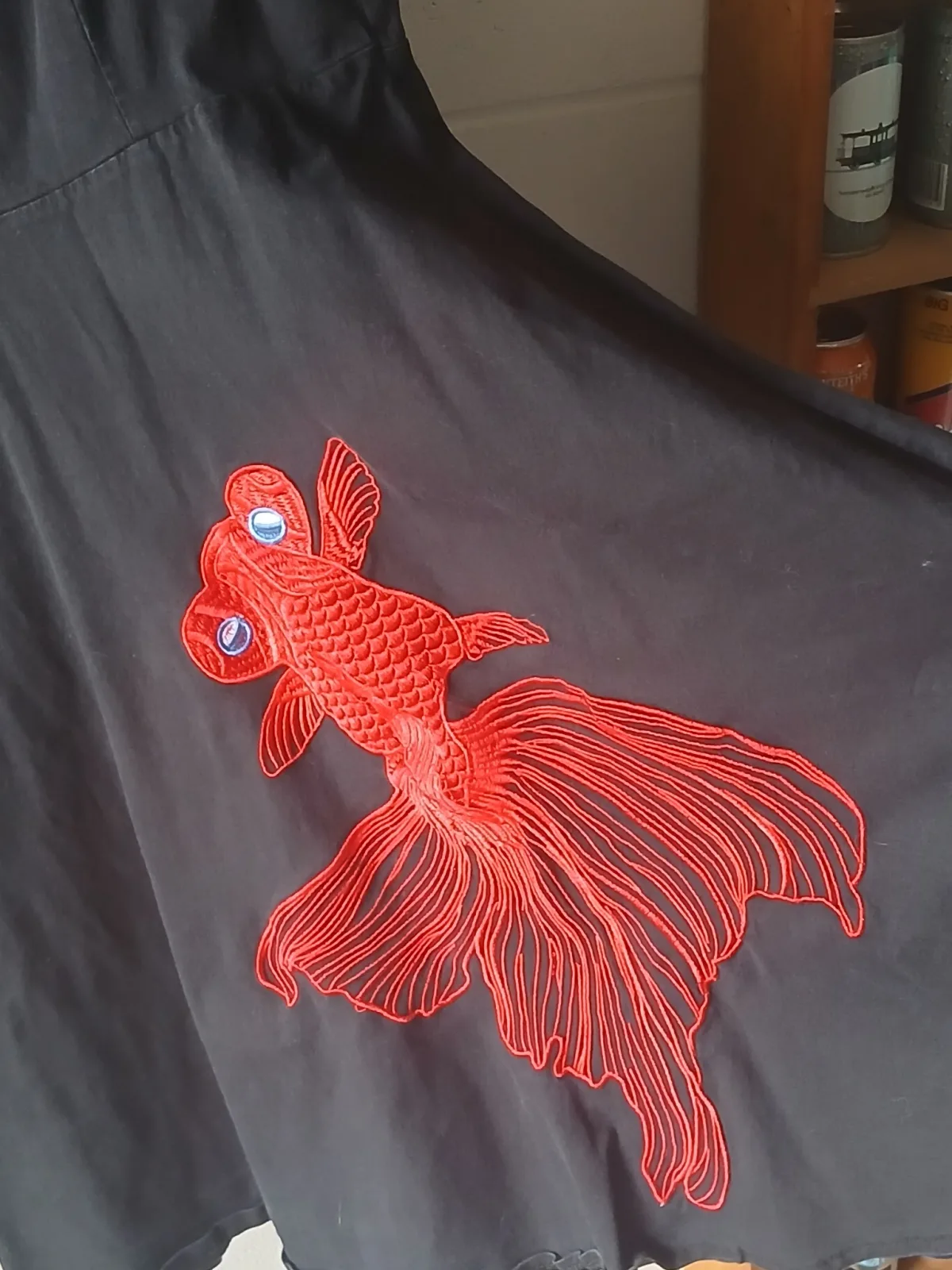 Black Cotton Blend Dress with Red Koi Fish Embroidery – Size 4XL (NZ 14–16)